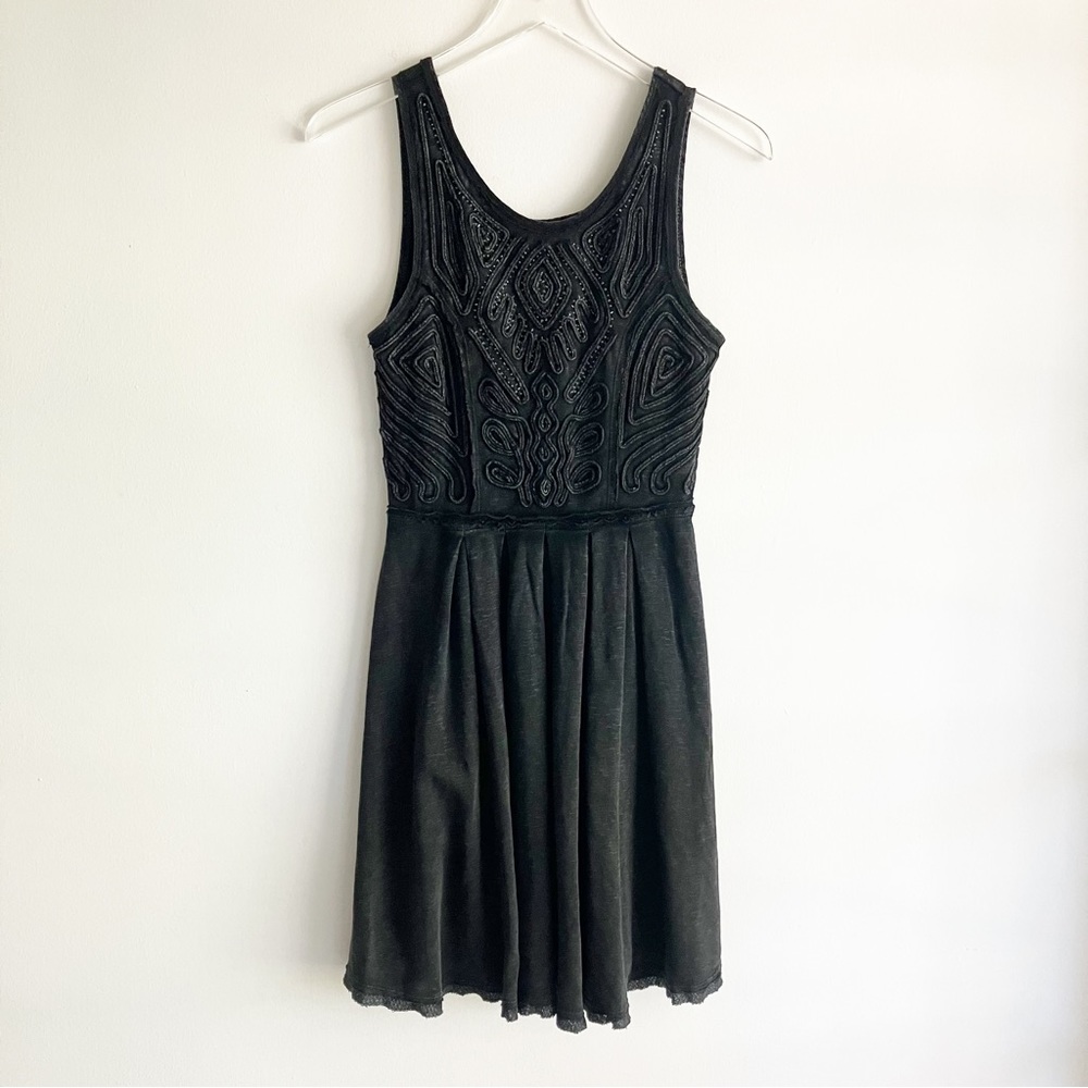Free People Medium Sassy Satouche Dress Embroidered Beaded Acid Wash Black